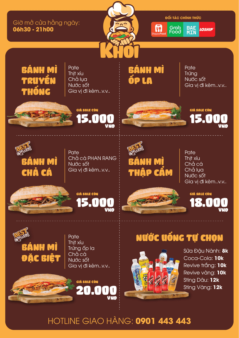 Menu bánh mì Khói rất đa dạng, ngoại trừ bánh mì truyền thống còn có bánh mì chả cá, bánh mì đặc biệt… và các loại nước ngọt