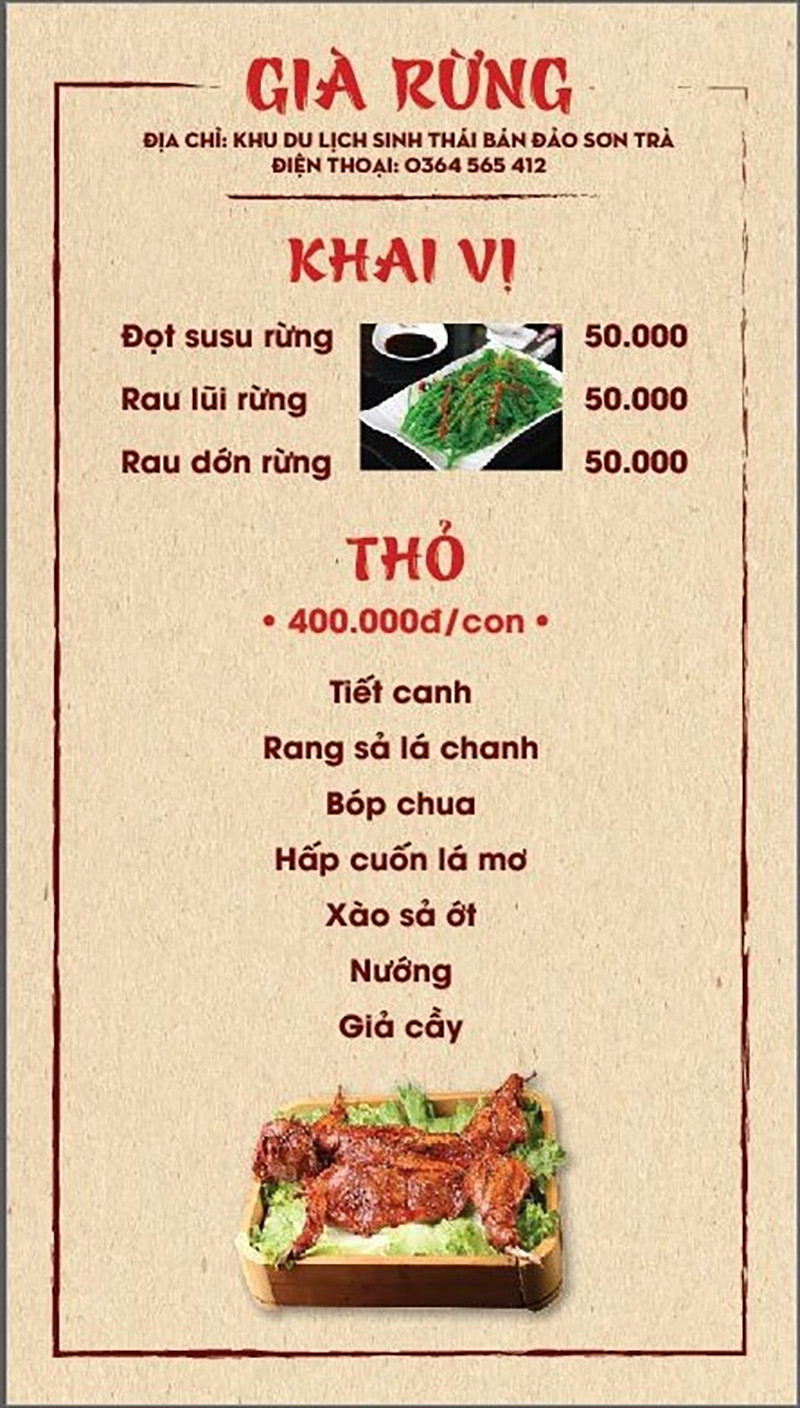 Thực đơn thỏ 7 món cùng với hàng loạt loại rau rừng của quán