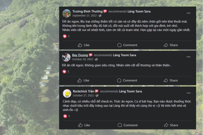 Đánh giá của du khách trên Facebook dành cho làng Toom Sara