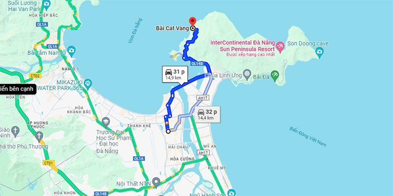 Bãi Cát Vàng nằm cách trung tâm thành phố Đà Nẵng khoảng 12.9km về hướng Đông Bắc