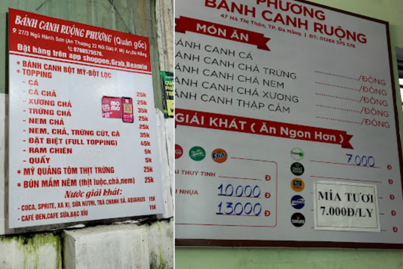 Thực đơn quán bánh canh ruộng Phương