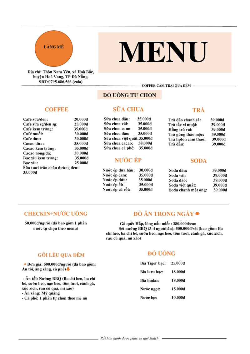 Menu món ăn, cà phê và dịch vụ lều qua đêm tại Làng Mê (Nguồn: Làng Mê)