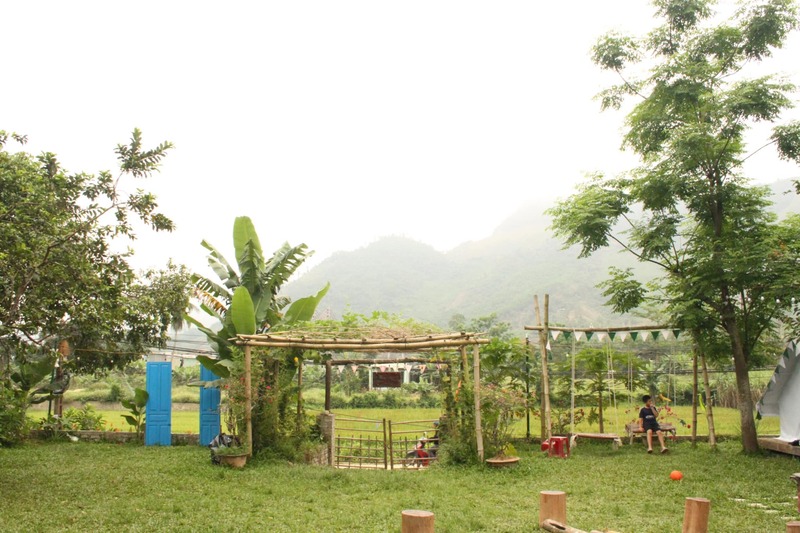 Nam Yên Camping được bao quanh bởi cánh đồng bao la, bát ngát trải dài, xa xa là những ngọn núi cao thấp thoáng sau lớp sương mờ ảo vào buổi sớm mai (Nguồn: Nam Yên Camping)