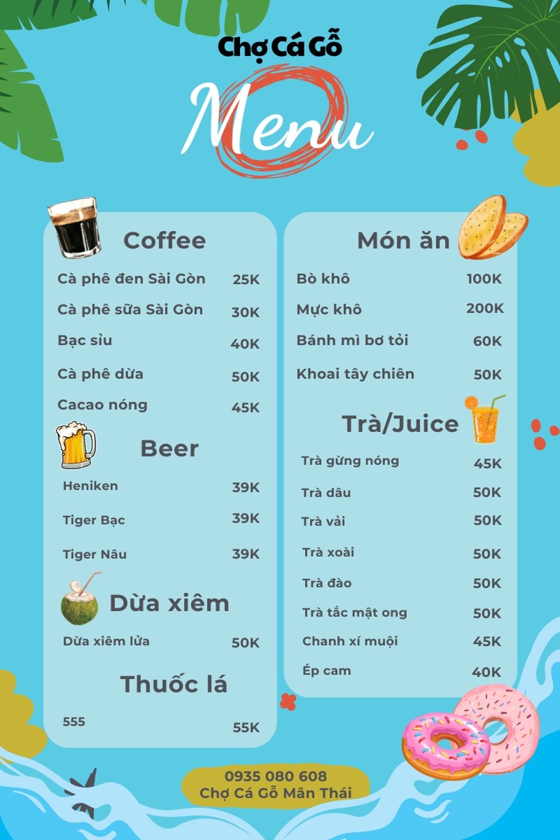 Menu của Chợ Cá Gỗ đa dạng với mức giá phải chăng