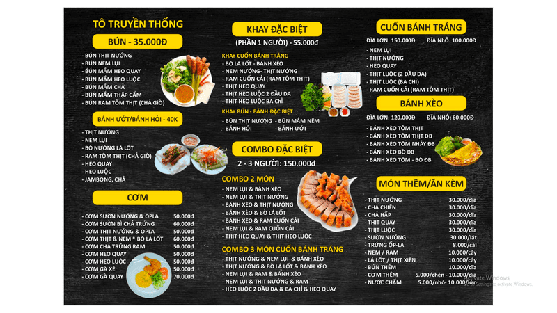 Menu của quán rất da dạng, chủ yếu là các món ăn đặc sản địa phương, phù hợp với nhiều thực khách (Nguồn: Quán Xuân)