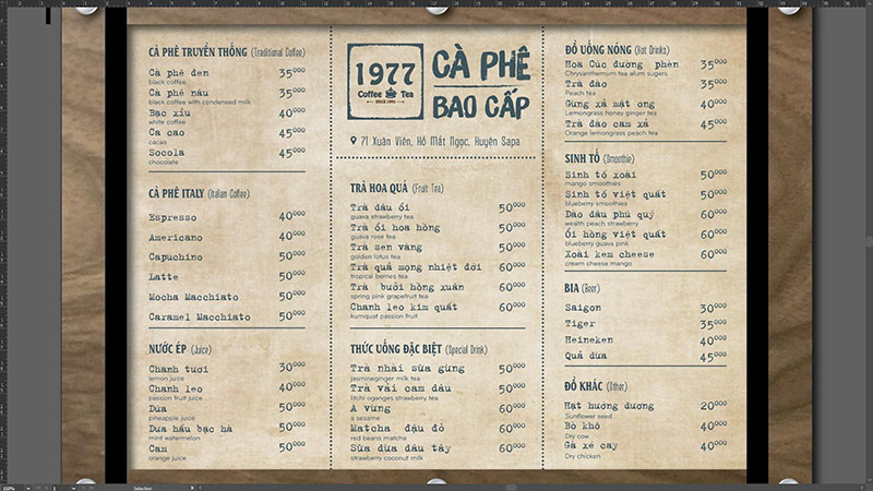 Menu quán Cà phê bao cấp 1977