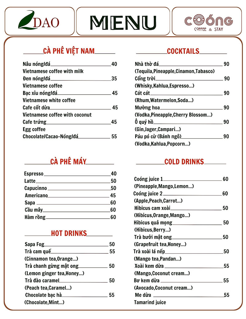 Menu đồ uống tại Coóng Coffee & Stay