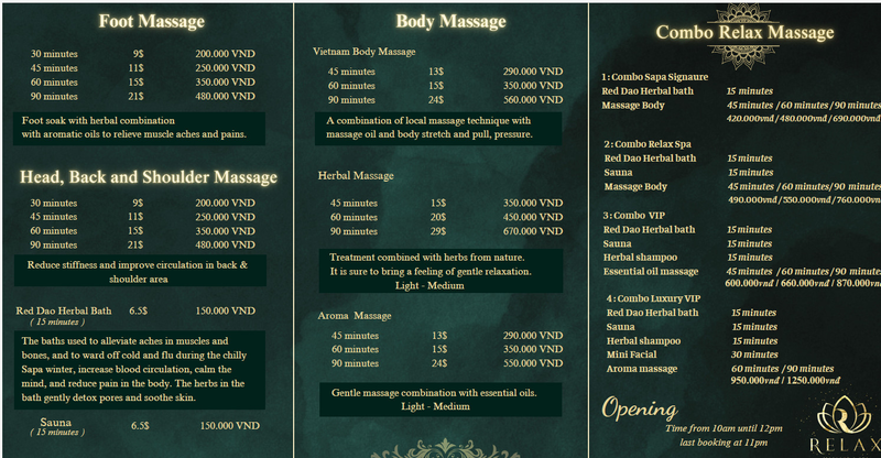 Bảng giá nêu rõ của các phương pháp massage được ứng dụng trong từng gói dịch vụ