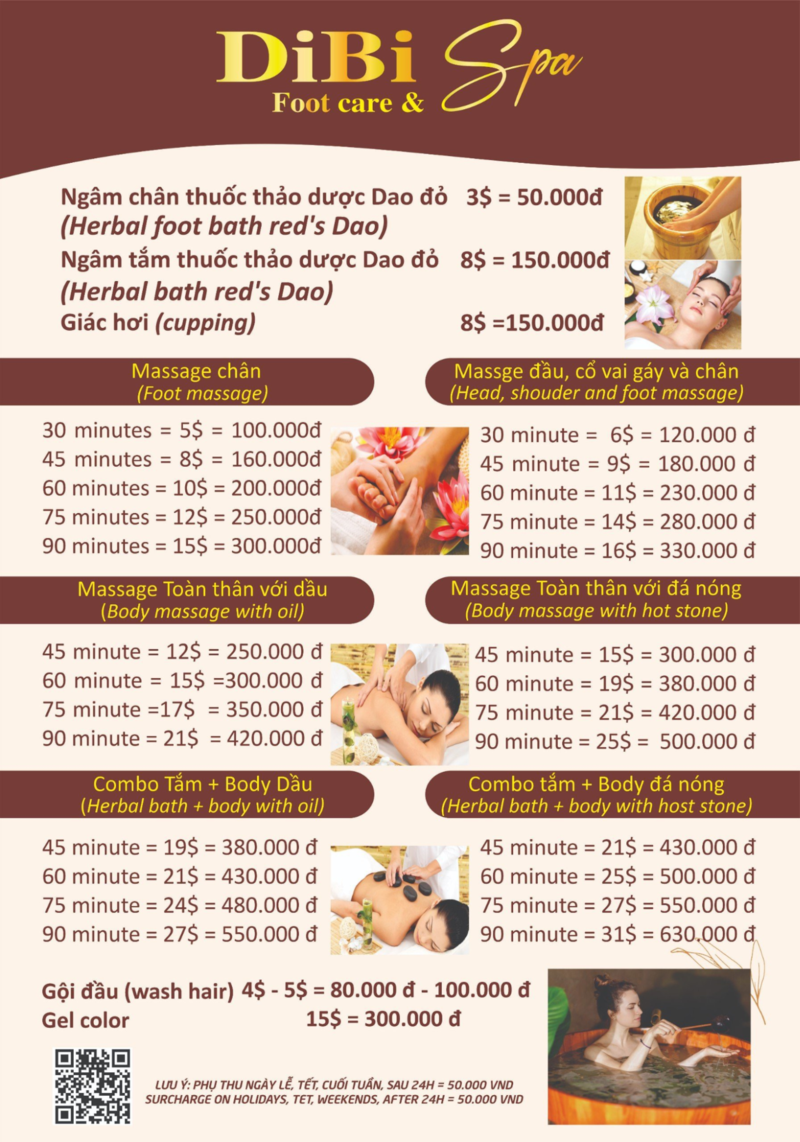 Bảng giá niêm yết các gói dịch vụ massage của Dibi Spa