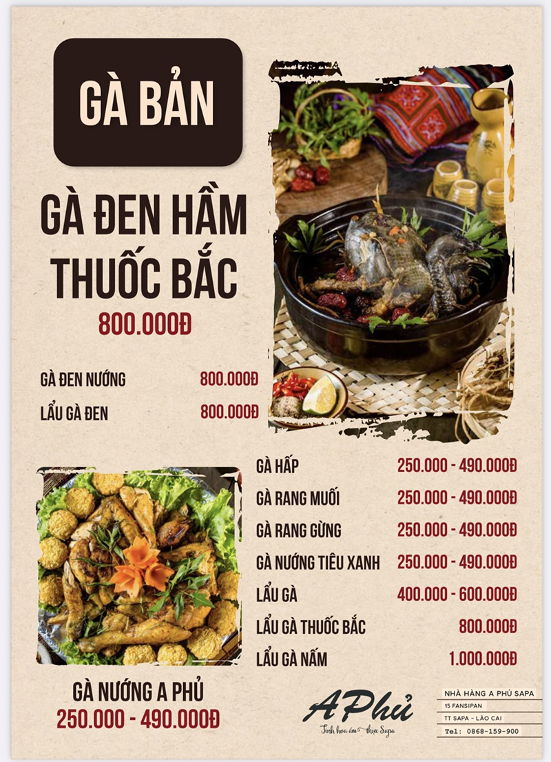 Thực đơn các món gà đen Sa Pa tại nhà hàng A Phủ