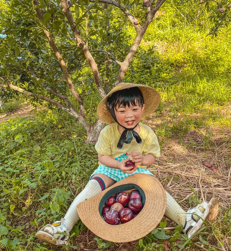 Sự kết hợp giữa áo thun và quần ngắn giúp em bé thỏa thích đùa nghịch nhưng cũng không quên trang bị tất dày để tránh bị côn trùng đốt