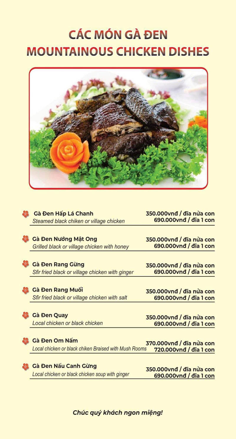 Menu các món từ gà đen tại quán