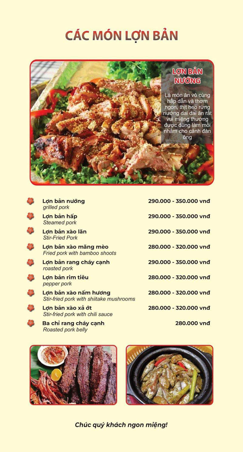 Menu các món từ lợn bản tại quán