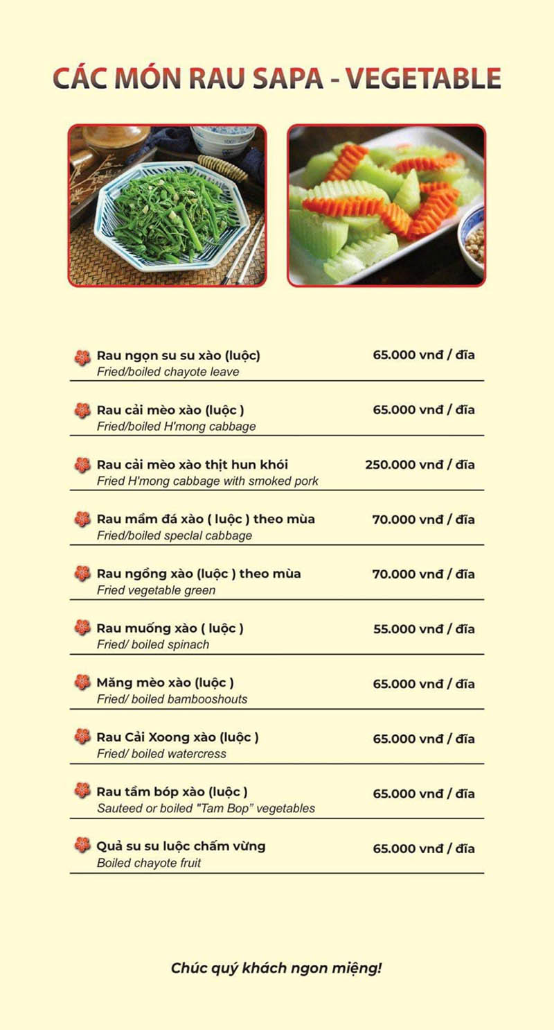 Menu các món rau tại quán