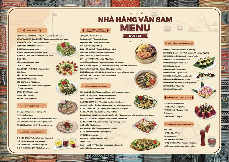 Menu các món ăn tại Nhà hàng Vân Sam