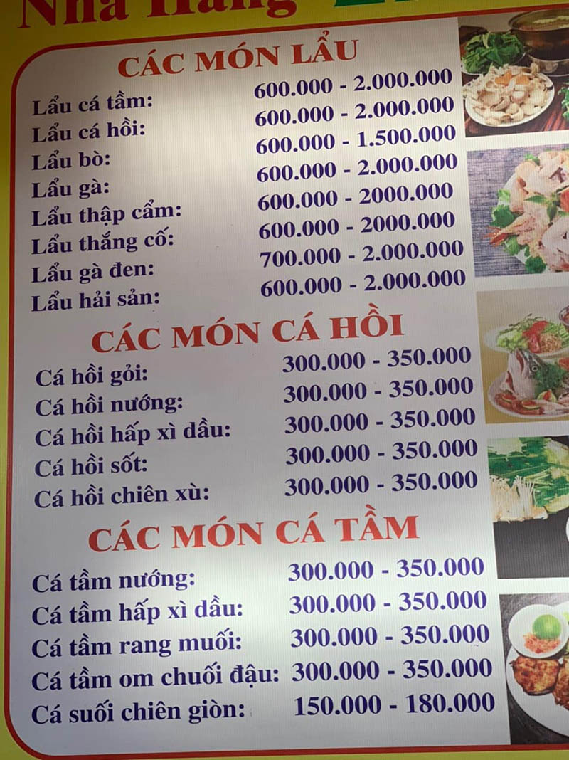 Thực đơn các món lẩu, cá hồi và cá tầm