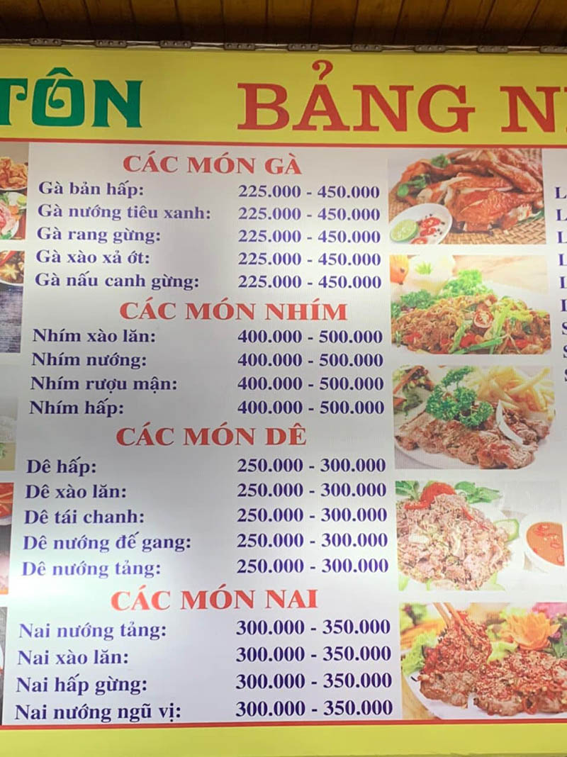 Thực đơn các món chế biến từ gà, nai, nhím, dê tại nhà hàng Liên Tôn