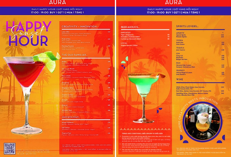 Thực đơn đa dạng các loại nước uống của Aura Beach Club