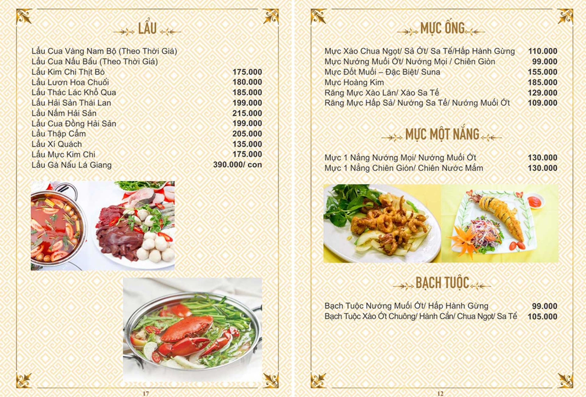 Menu món hải sản tại Cua Vàng