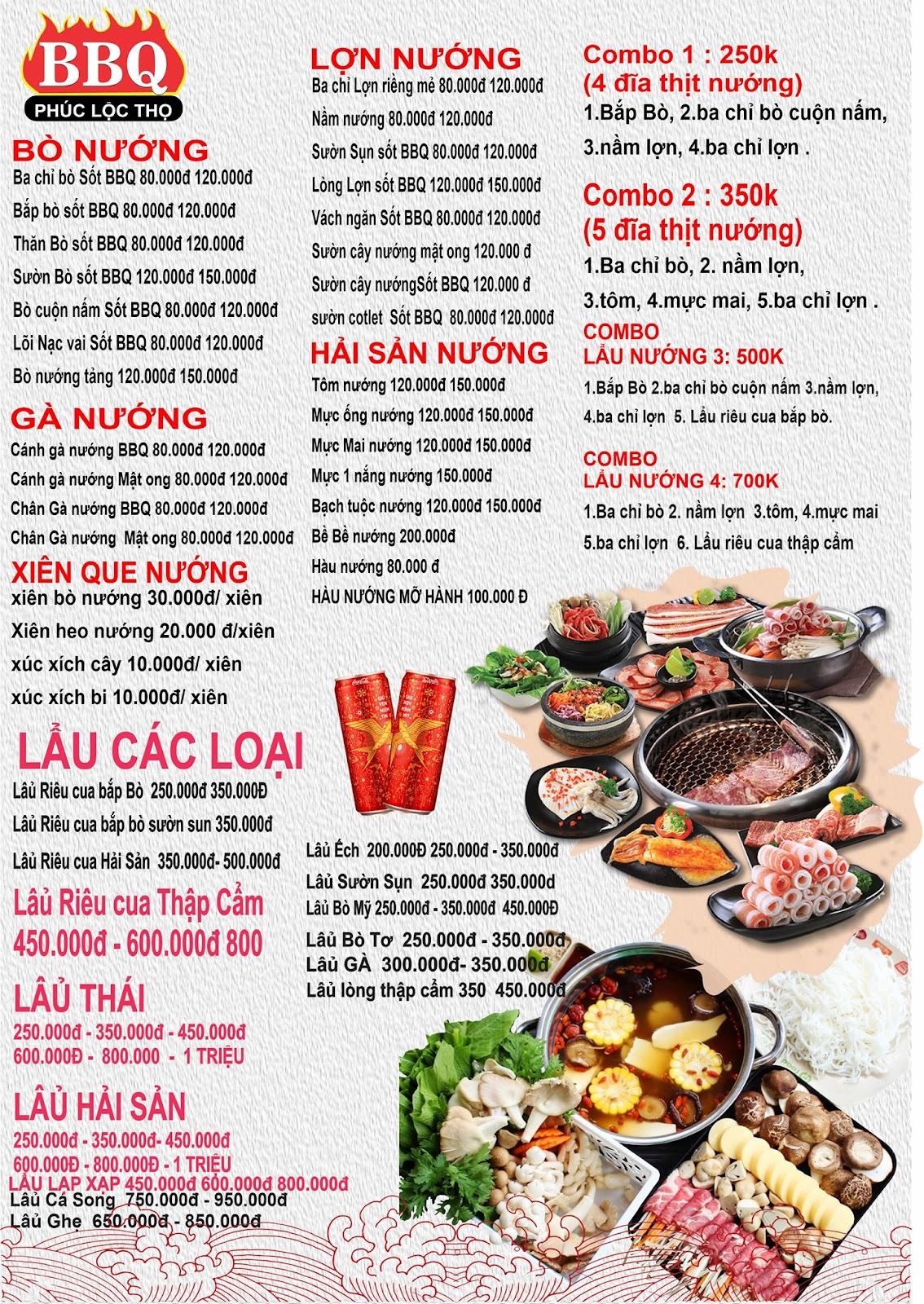 Menu lẩu, nướng tại nhà hàng Phúc Lộc Thọ Hạ Long