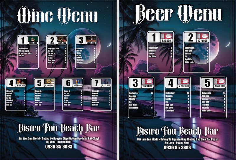 Bistro Fou Beach Club chuyên phục vụ các menu combo rượu và bia