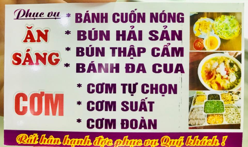 Thực đơn các món tại quán cô Tuyết