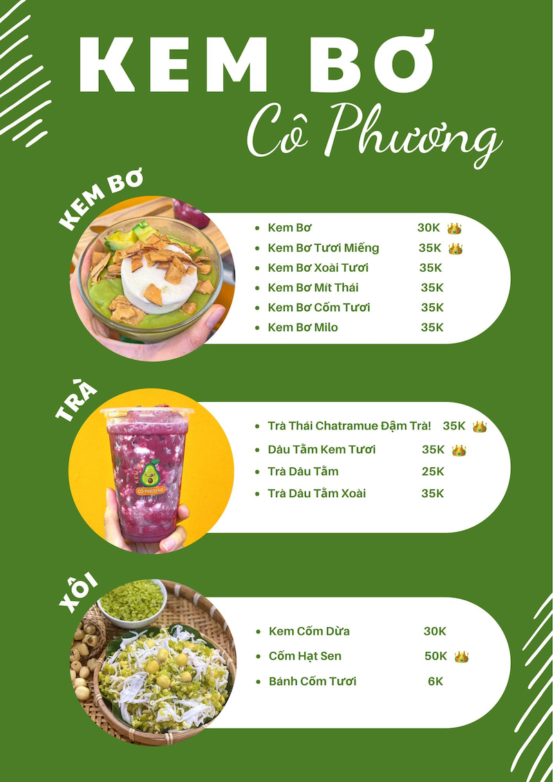 Thực đơn của quán kem cô Phương