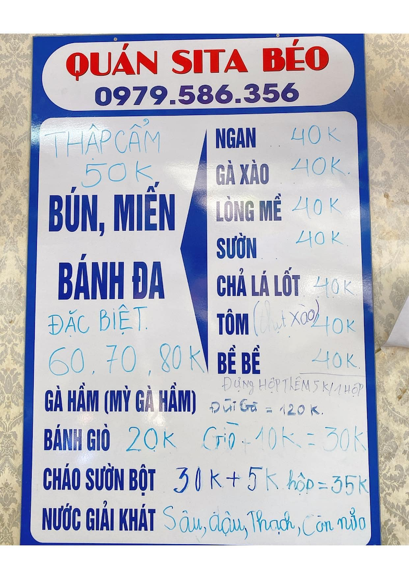 Thực đơn đa dạng món ăn của quán miến ngan Sita