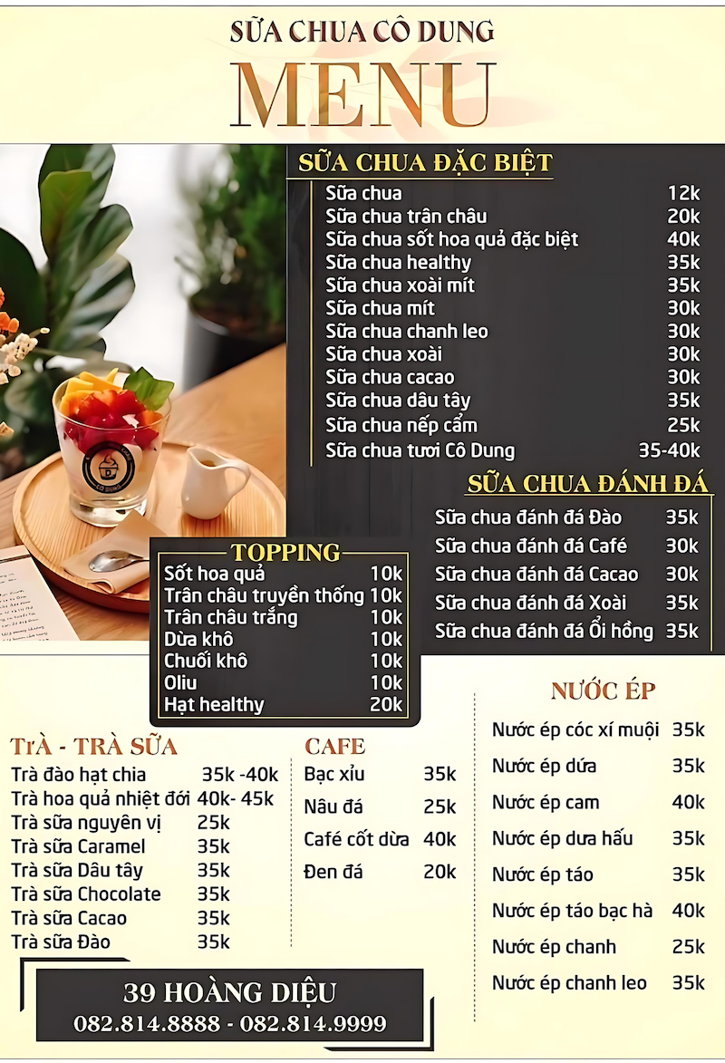 Thực đơn quán sữa chua cô Dung có đa dạng thức uống giải khát