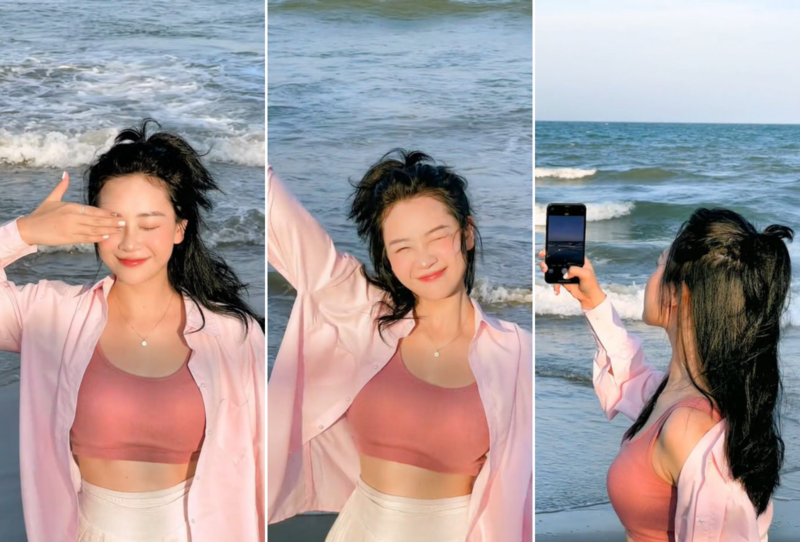 TikToker Lê Chi đặt camera góc cao để lấy trọn background làn nước biển trong xanh