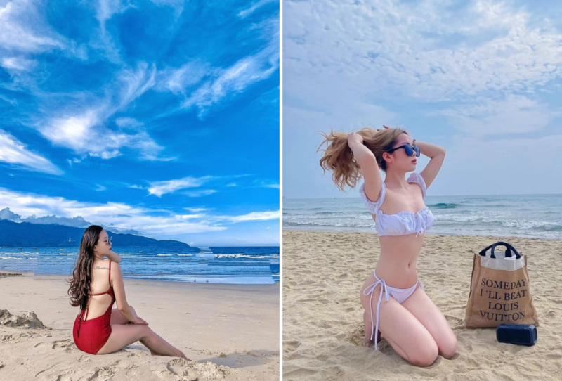 Bạn cũng có thể “thả dáng” quyến rũ trên bờ cát trắng ngà, trong khung cảnh biển trời Mỹ Khê trong xanh ở phía xa