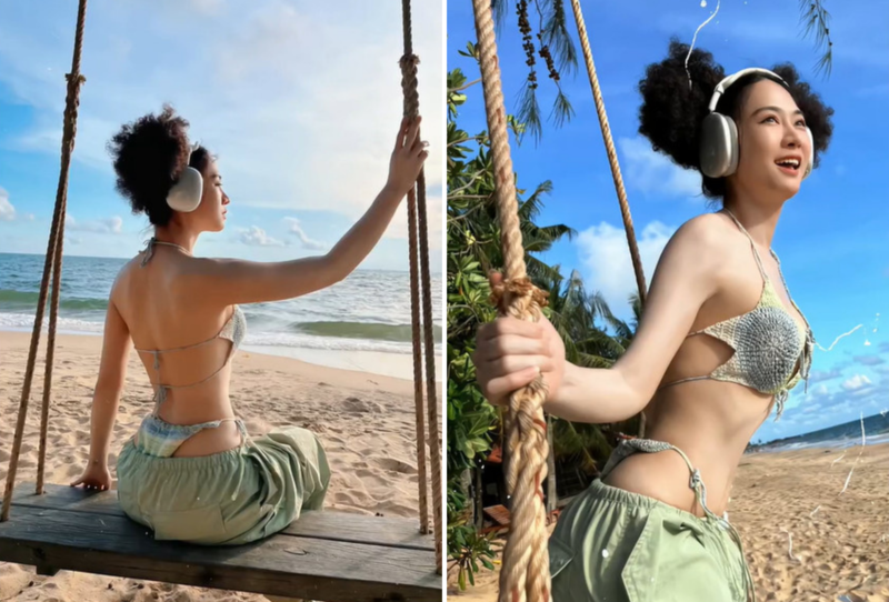 MC Lê Bống hướng dẫn tạo dáng gợi cảm với những hàng dừa trên biển