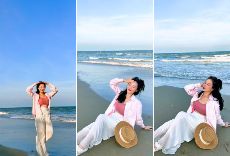 TikToker Lê Chi đặt camera góc cao để lấy trọn background làn nước biển trong xanh