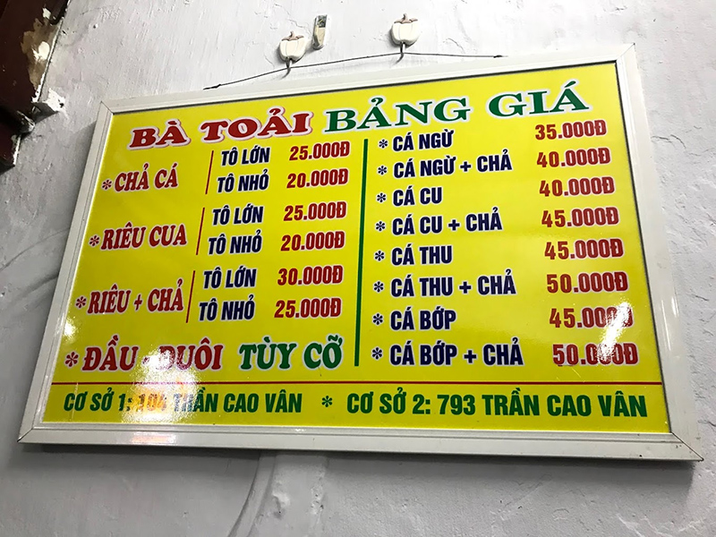 Menu của quán