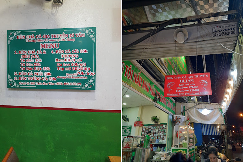 Menu đa dạng tại quán bún chả cá bà Tấm