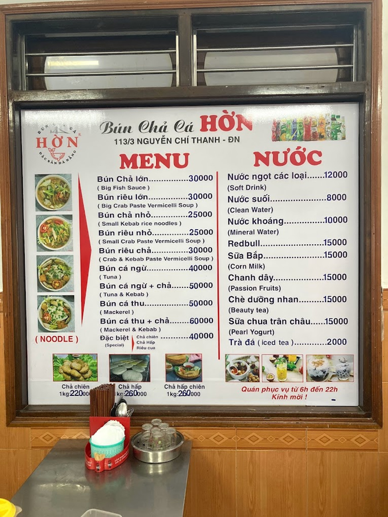 Thực đơn của quán