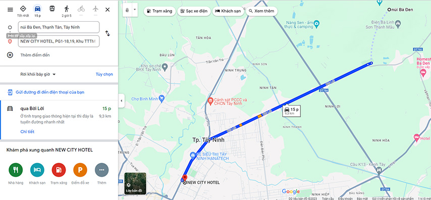Bản đồ di chuyển từ núi Bà Đen đến Khách sạn New City
