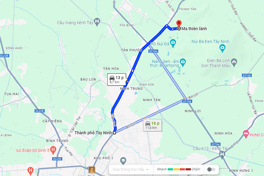 Đường từ trung tâm thành phố Tây Ninh đến khu du lịch sinh thái Ma Thiên Lãnh