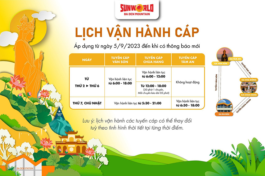 Lịch vận hành của các tuyến cáp treo núi Bà Đen