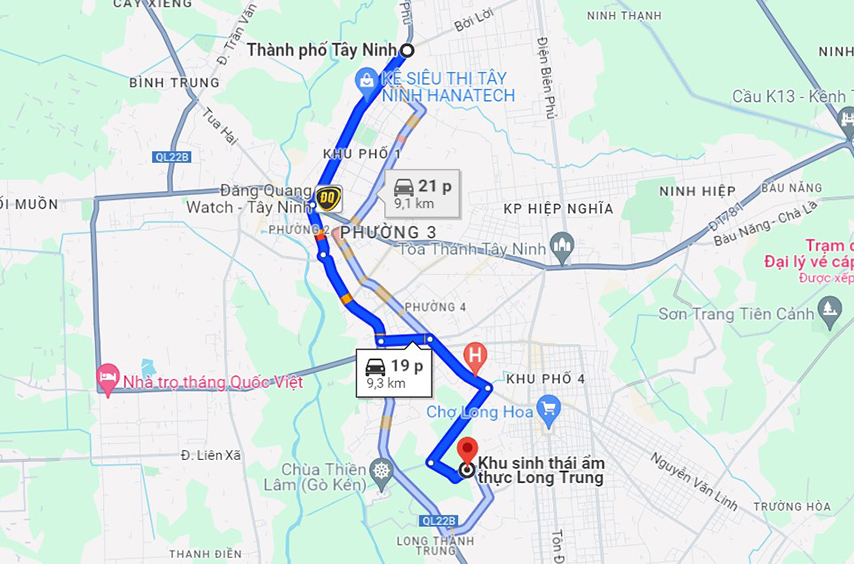 Bản đồ di chuyển từ TP. Tây Ninh đến Khu du lịch sinh thái Long Trung 