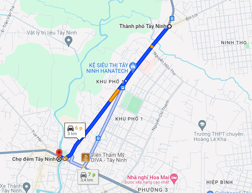 Bản đồ di chuyển từ TP. Tây Ninh đến Chợ đêm Tây Ninh 