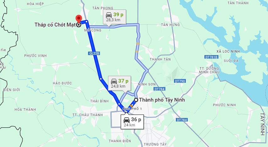 Bản đồ từ TP. Tây Ninh đến Tháp Chót Mạt 