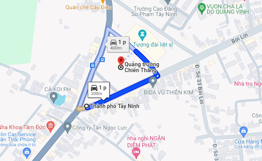Bản đồ di chuyển từ TP. Tây Ninh đến Quảng trường Chiến thắng 