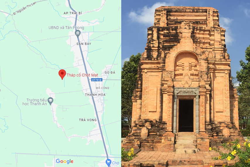 Ảnh thực tế và ảnh Google Map của tháp Chóp Mạt 