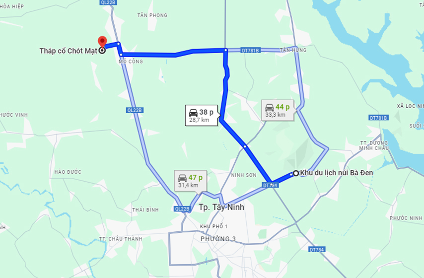 Tuyến đường từ chân núi Bà Đen đến tháp Chóp Mạt nhìn từ Google Maps