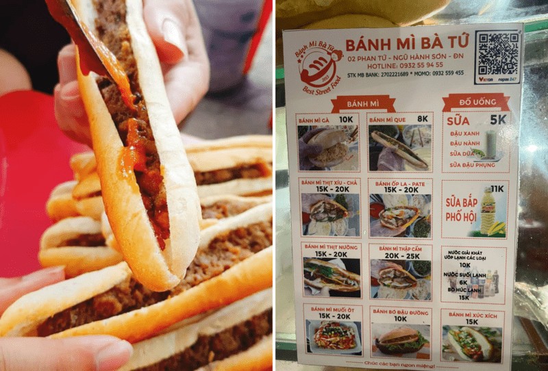 Menu quán bánh mì Bà Tứ đa dạng, nhiều lựa chọn cho thực khách