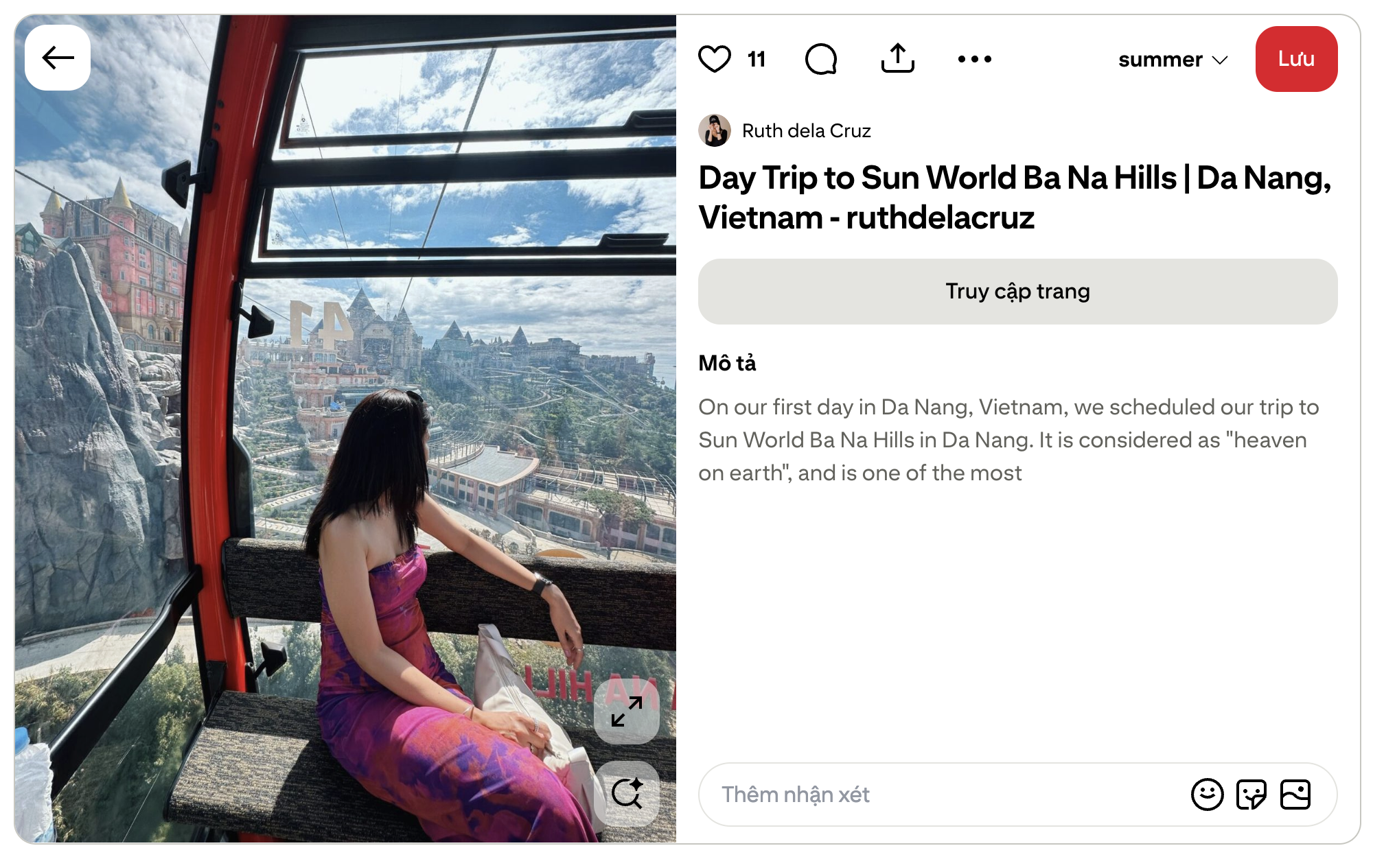 Du khách quốc tế ghi lại khoảnh khắc từ cabin cáp treo trên hành trình khám phá và săn mây tại Bà Nà Hills. Nguồn: Pinterest/Ruth dela Cruz