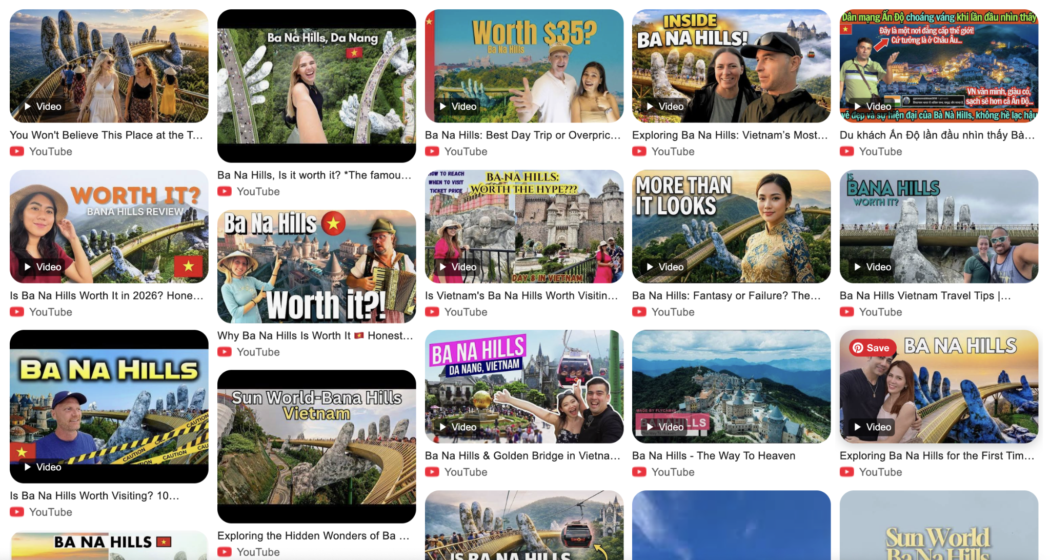 Kết quả tìm kiếm "Ba Na Hills" trên YouTube cho thấy sức hút của điểm đến với hàng trăm video review, vlog và trải nghiệm từ du khách quốc tế. (Nguồn: YouTube)