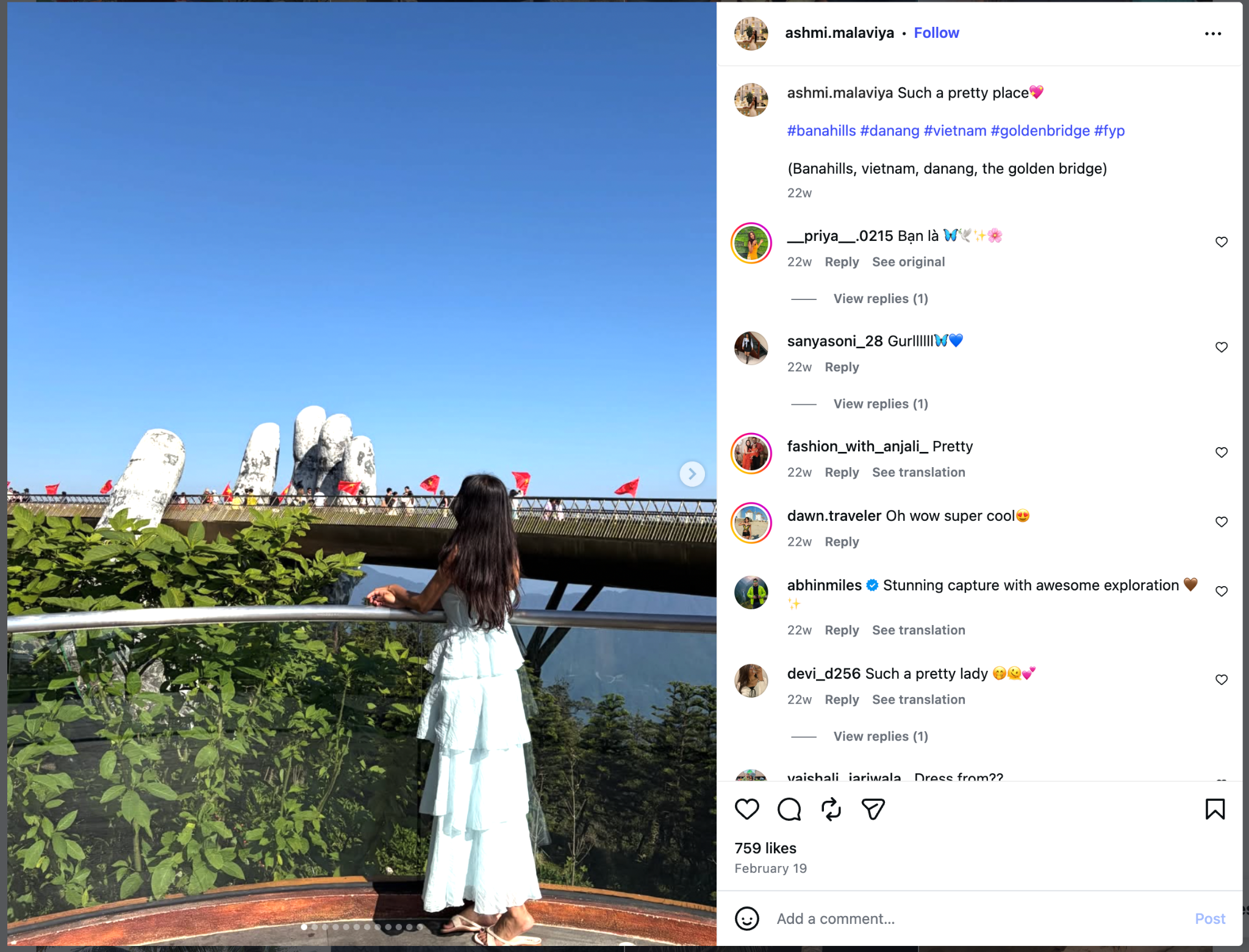 Nữ du khách Ấn Độ thích thú check-in giữa không gian kiến trúc châu Âu tại Bà Nà Hills. (Nguồn: Instagram @ashmi.malaviya)