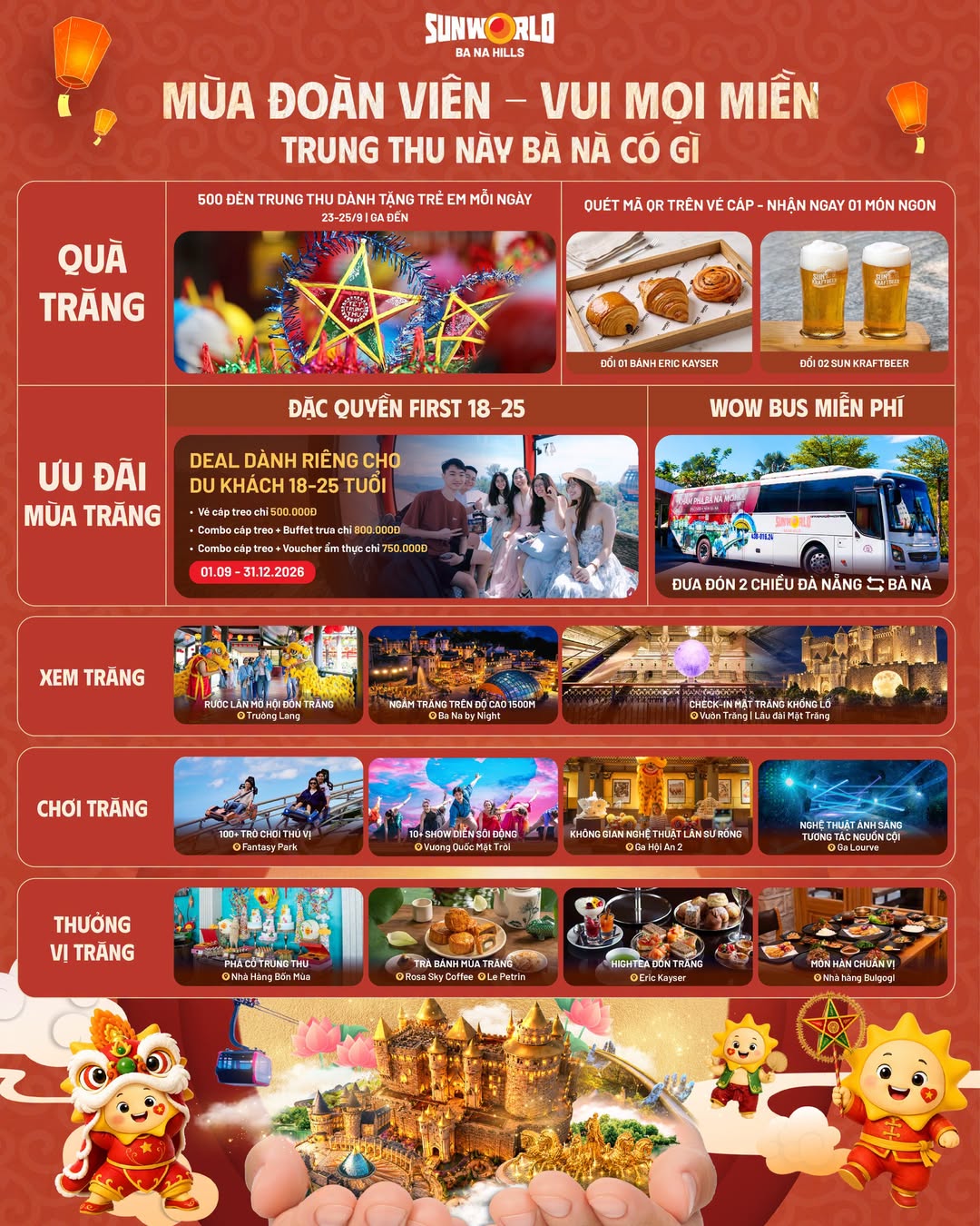Đồng hành cùng chuỗi trải nghiệm Trung thu, Sun World Ba Na Hills đang triển khai nhiều chính sách ưu đãi giúp du khách thuận tiện hơn khi lên kế hoạch cho chuyến đi.